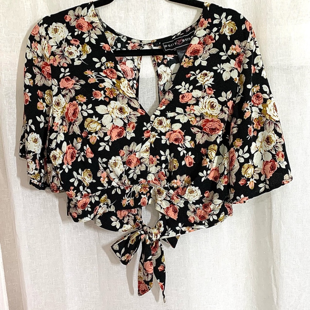 Black Floral Women's Cropped Top by PollyEsther sz XL